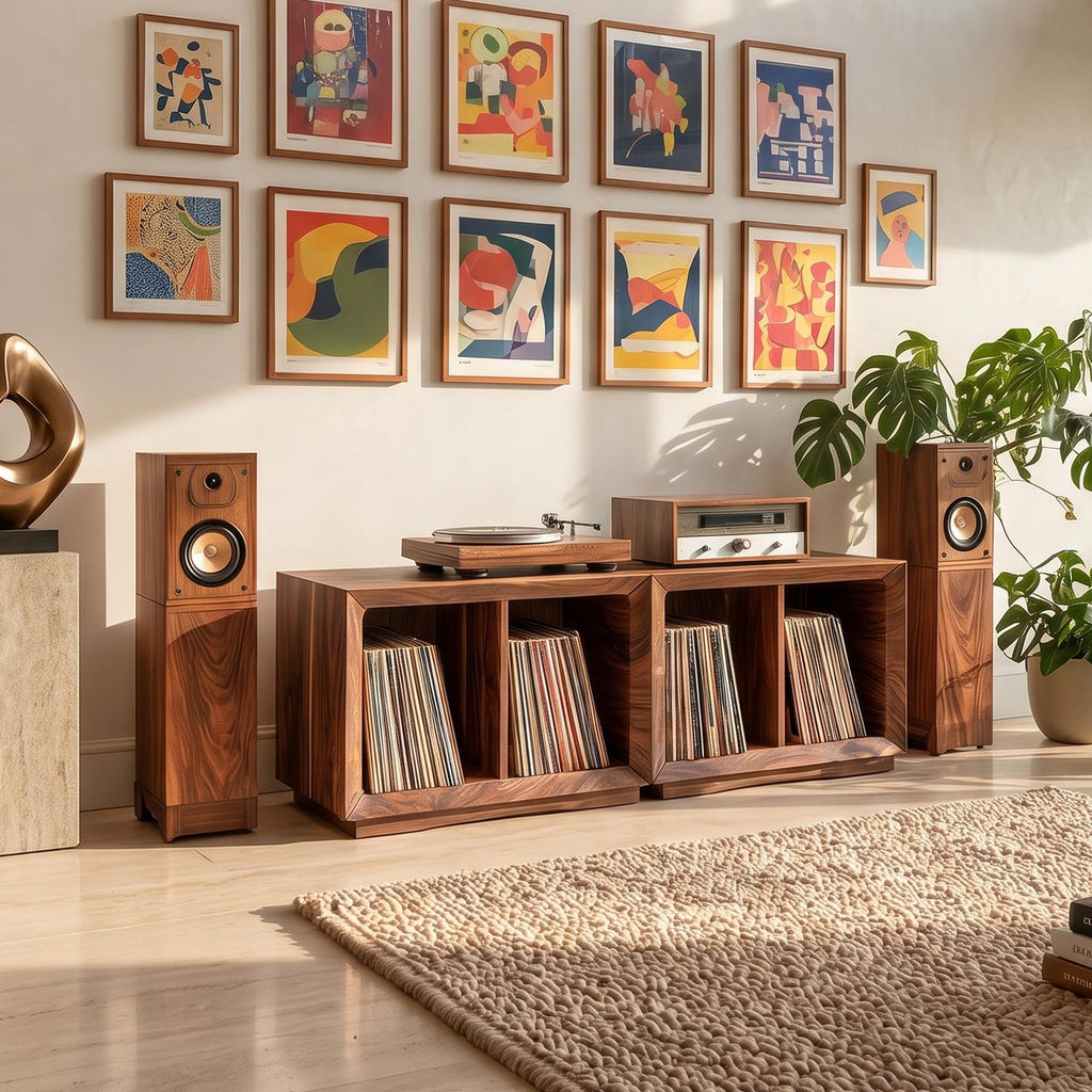 Contemporary Modular Wood Vinyl Storage Cabinet, Handcrafted LP Album Shelf Organizer for Audiophile Lounge, Model