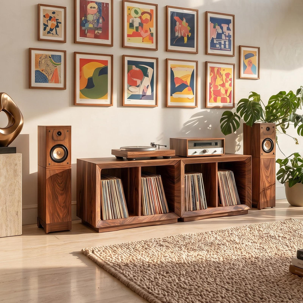 Contemporary Modular Wood Vinyl Storage Cabinet, Handcrafted LP Album Shelf Organizer for Audiophile Lounge, Model