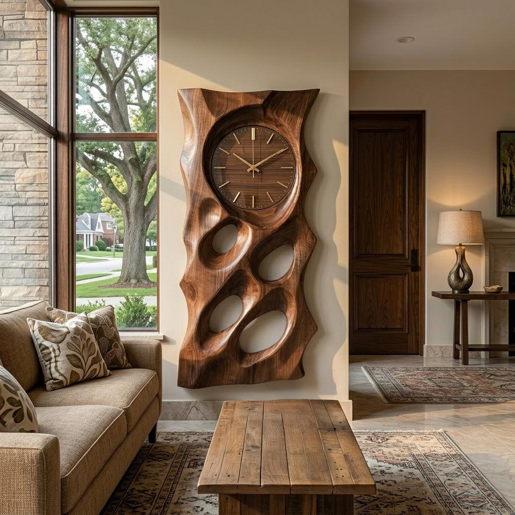 Modern Organic Wooden Wall Clock, 3D Hand-Carved Hollow Wood Hanging Clock for Living Room & Home Office Decor