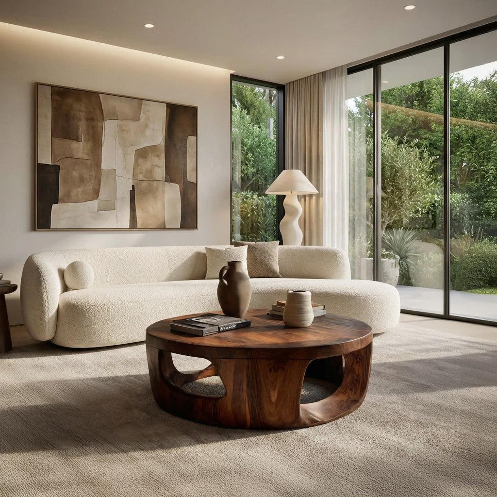 Teezano Contemporary Round Wooden Coffee Table with Open Cut Out Base, Modern Minimalist Center Table, Model RTTHHNCF068