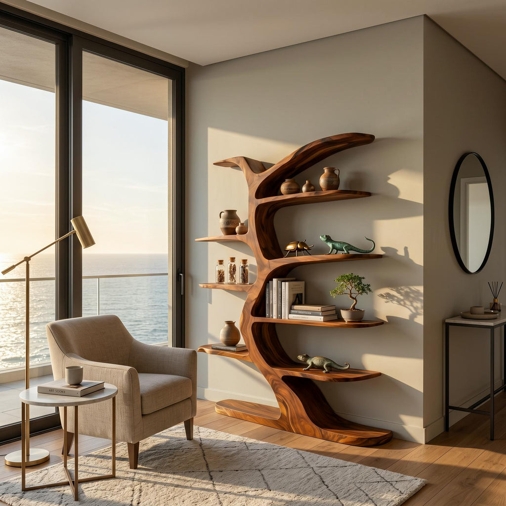 Modern Tree-Inspired Bookshelf, Handcrafted Wood Bookcase with Curved Branches for Living Room & Nursery Decor