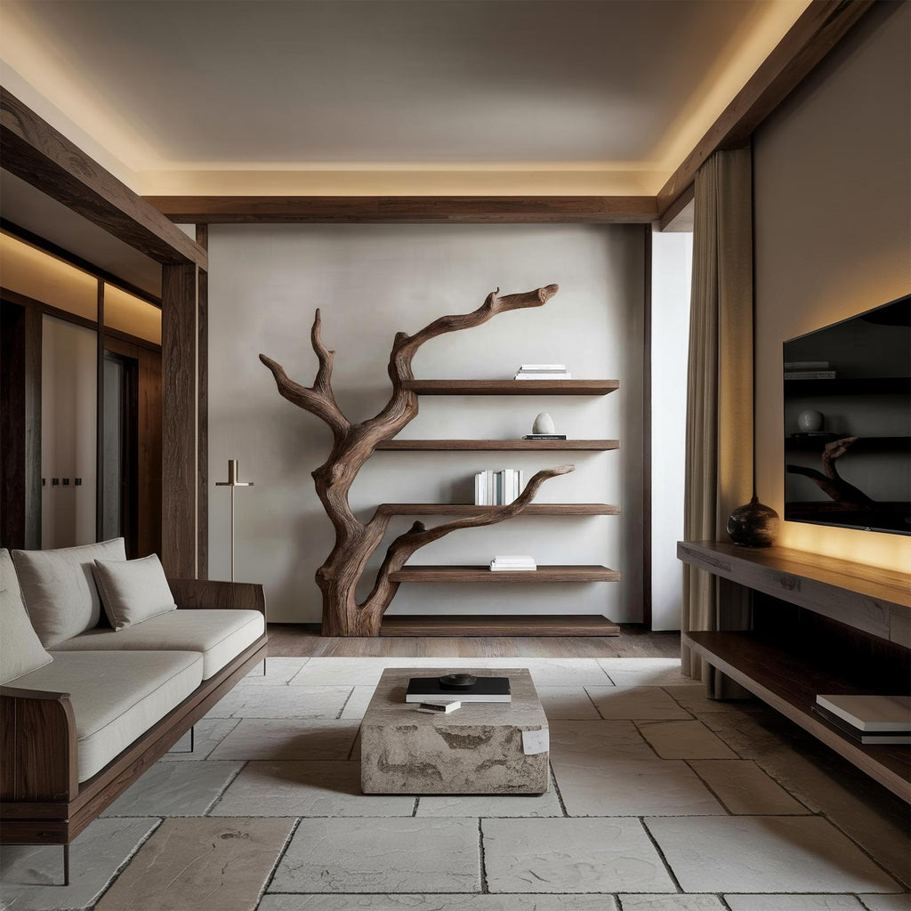 Rustic Tree-Inspired Floating Wall Shelf, Wood Branch Book & Plant Display Shelving