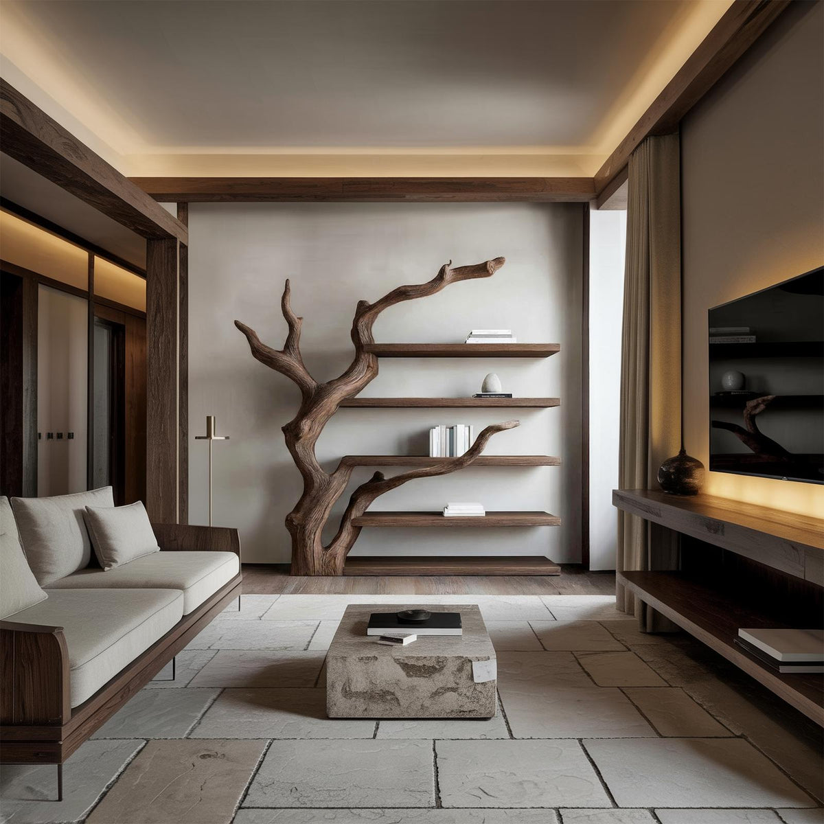 Rustic Tree-Inspired Floating Wall Shelf, Wood Branch Book & Plant Display Shelving