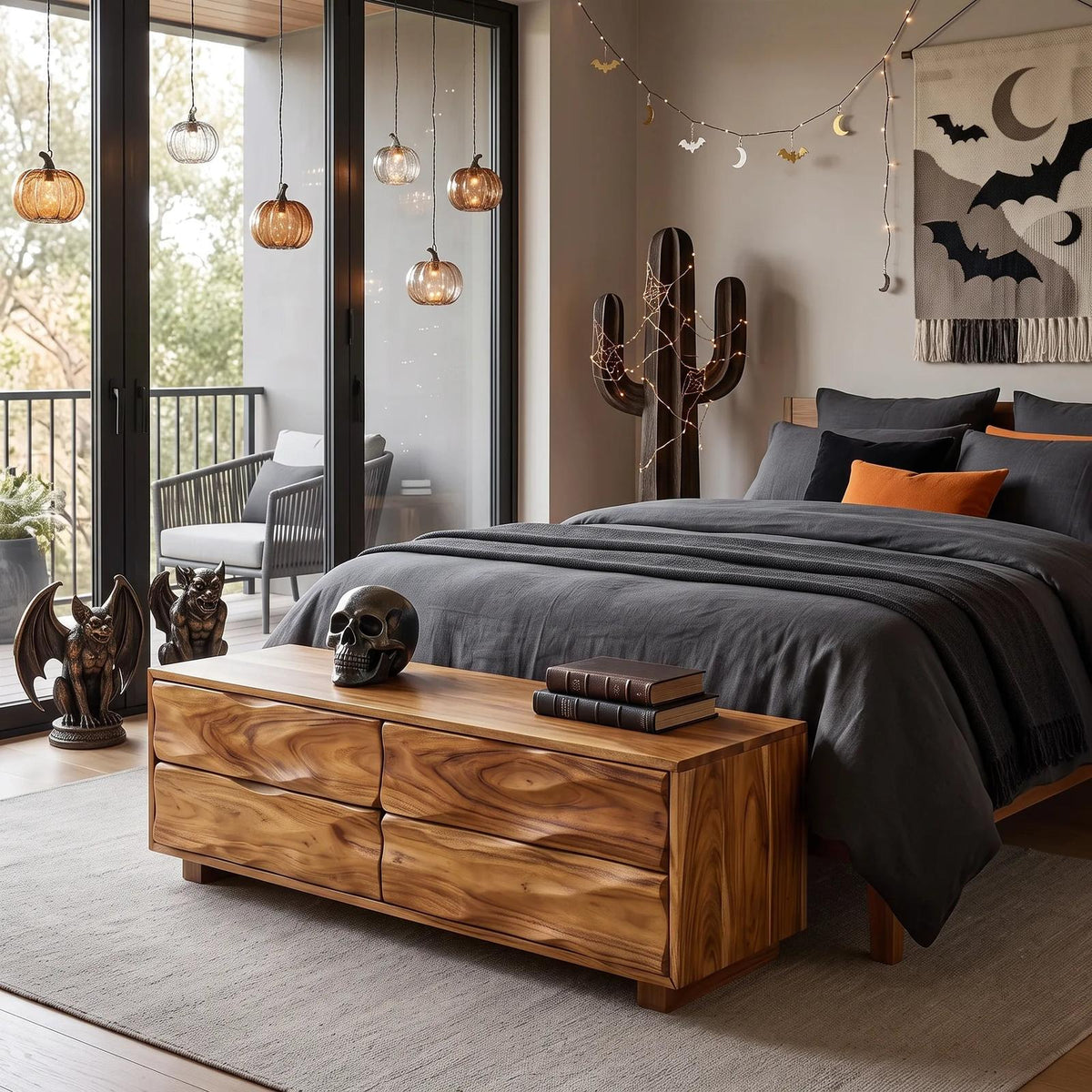 Halloween Wooden Storage Bench Drawers For Spooky Living Room Decor