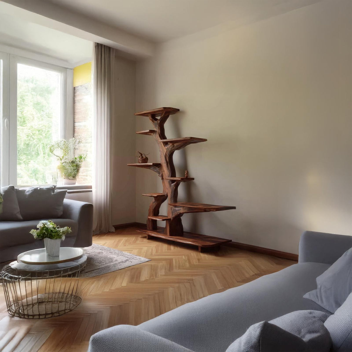 Rustic Free Standing Tree Bookshelf, Handcrafted Solid Wood Bookcase & Organizer for Living Room and Dining Room Storage