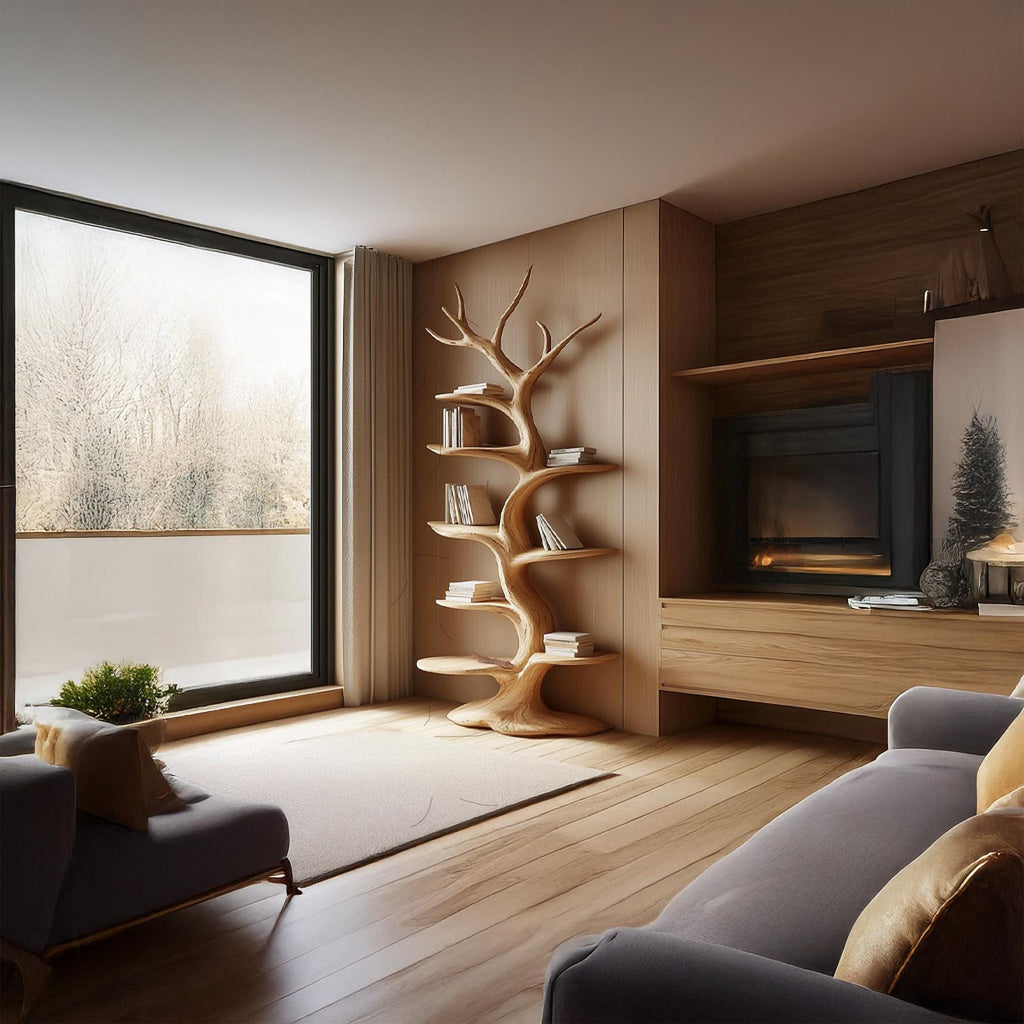 Rustic Tree Bookshelf, Solid Wood Large Wall Unit Bookcase & Handcrafted Floating Display Organizer for Living Room
