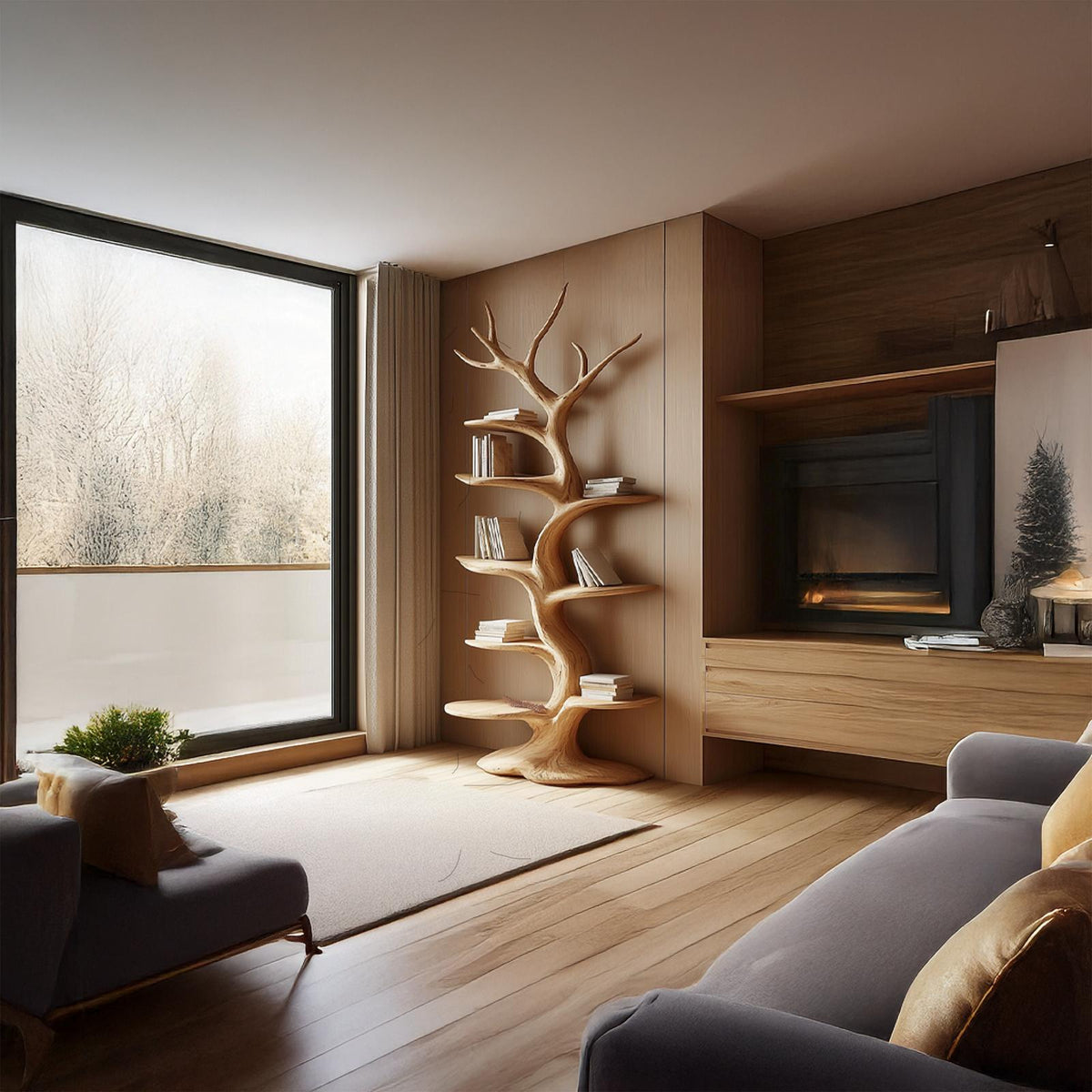 Rustic Tree Bookshelf, Solid Wood Large Wall Unit Bookcase & Handcrafted Floating Display Organizer for Living Room