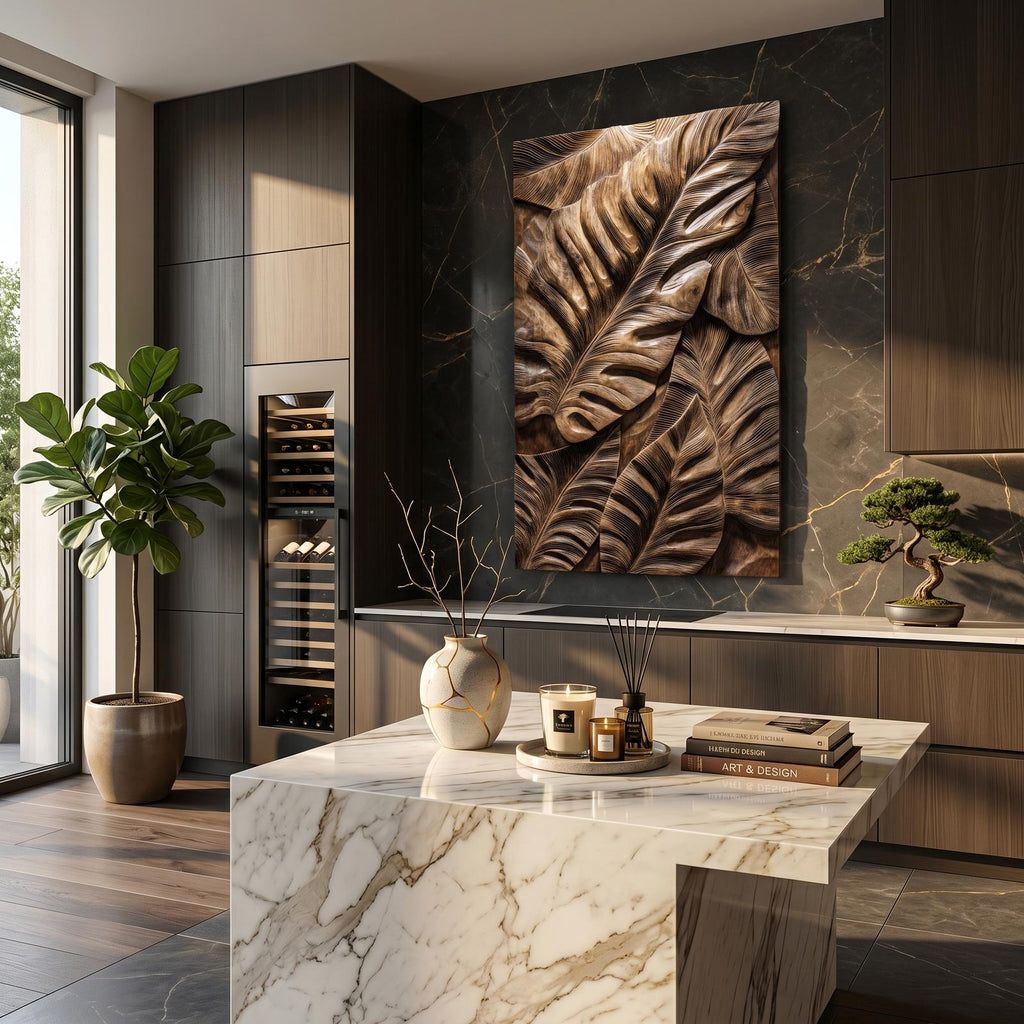 Industrial Wooden Wall Art with Leaf Relief Design, Carved Leaf Art Panel for Entryway