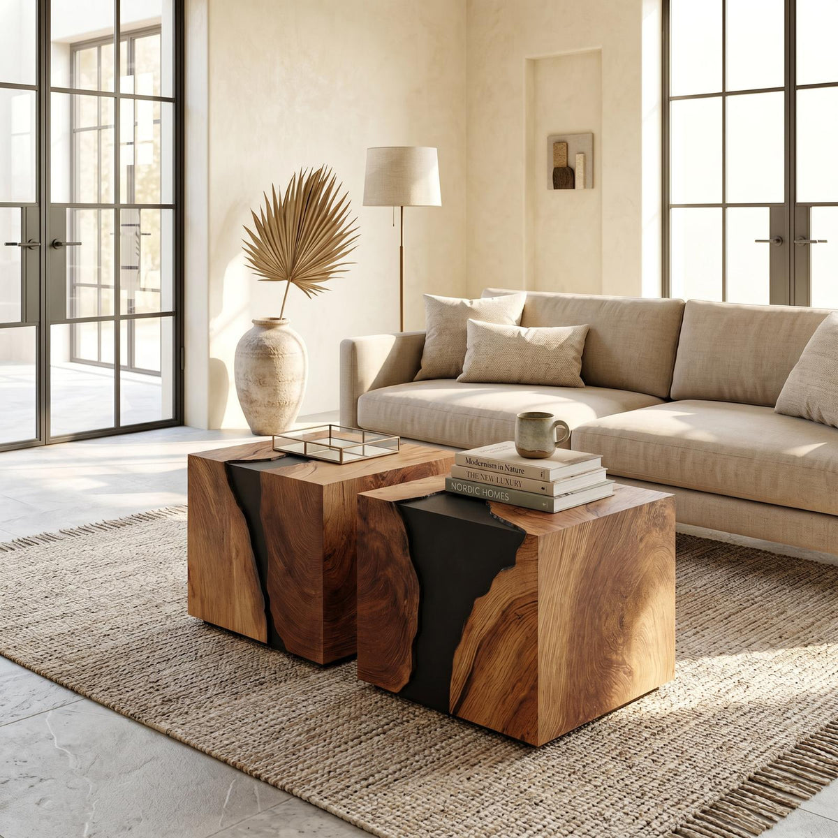 Modern Solid Wood Cube Coffee Table, Handcrafted Wooden Block End Side Table & Bedside Nightstand for Home Decor