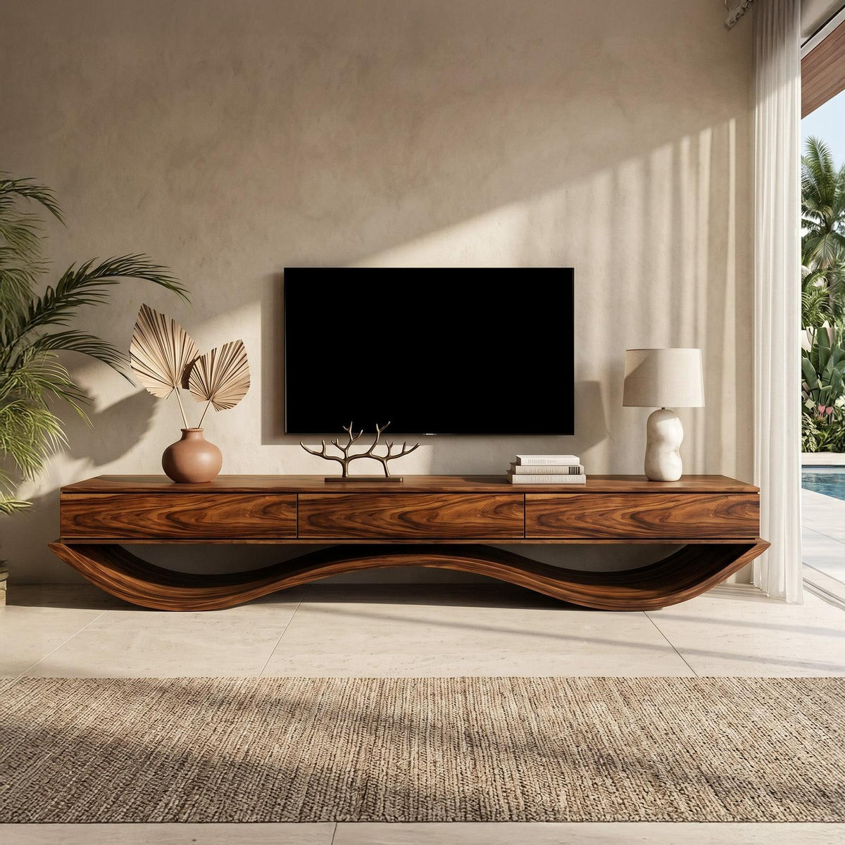 Modern Sculptural TV Console With Curved Base For Living Room