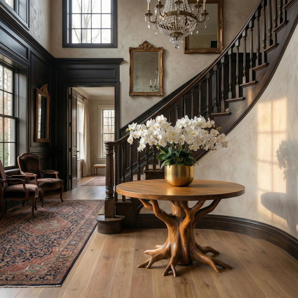 Rustic Pedestal Foyer Table, Solid Wood Round Entryway Table, Handcrafted Accent Table for Living Room