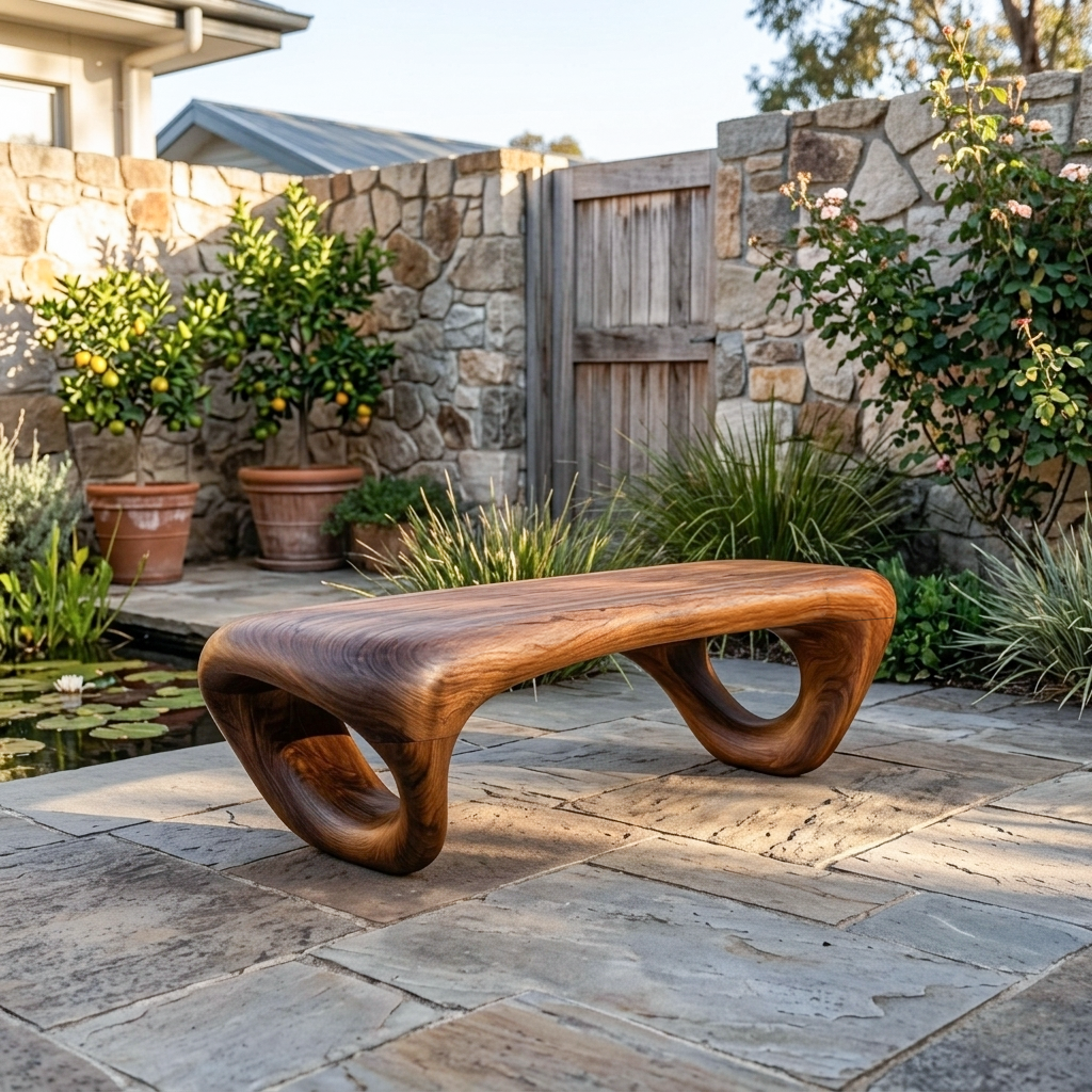 Modern Sculptural Outdoor Bench, Weather-Resistant Handcrafted Solid Wood Garden Patio Bench Seating & Park Furniture