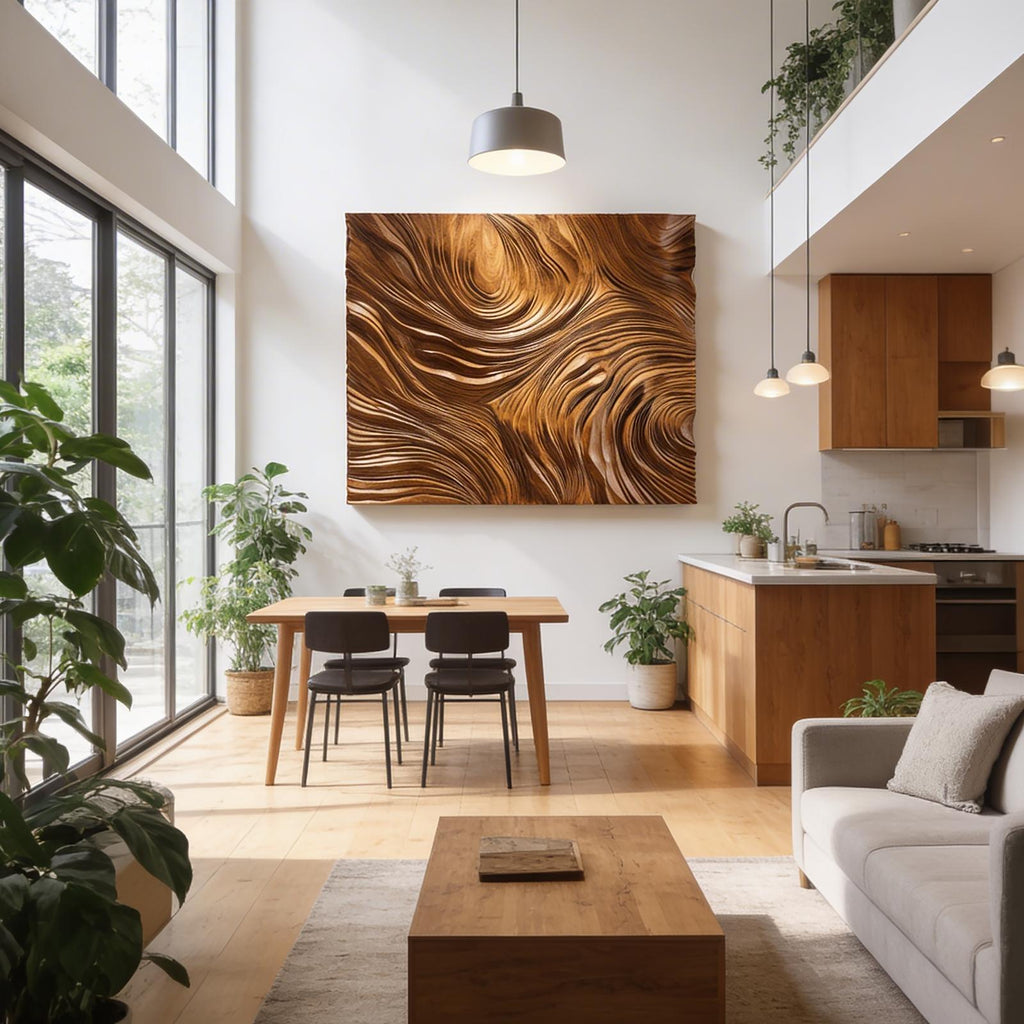 Rustic Abstract Wood Wall Art, Handcrafted Geometric Wooden Sculpture Panel Decor for Modern Cozy Living Room Wall