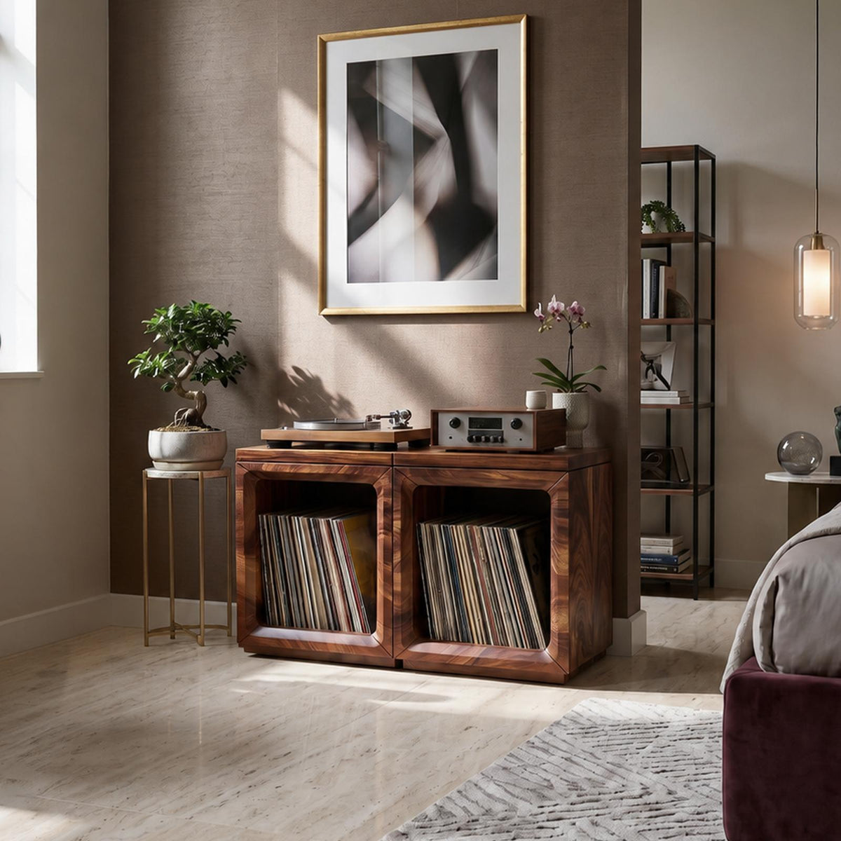 Coastal Minimalist Wood Record Storage Cabinet, Handcrafted Beach House Style Turntable Stand & LP Shelf, Model