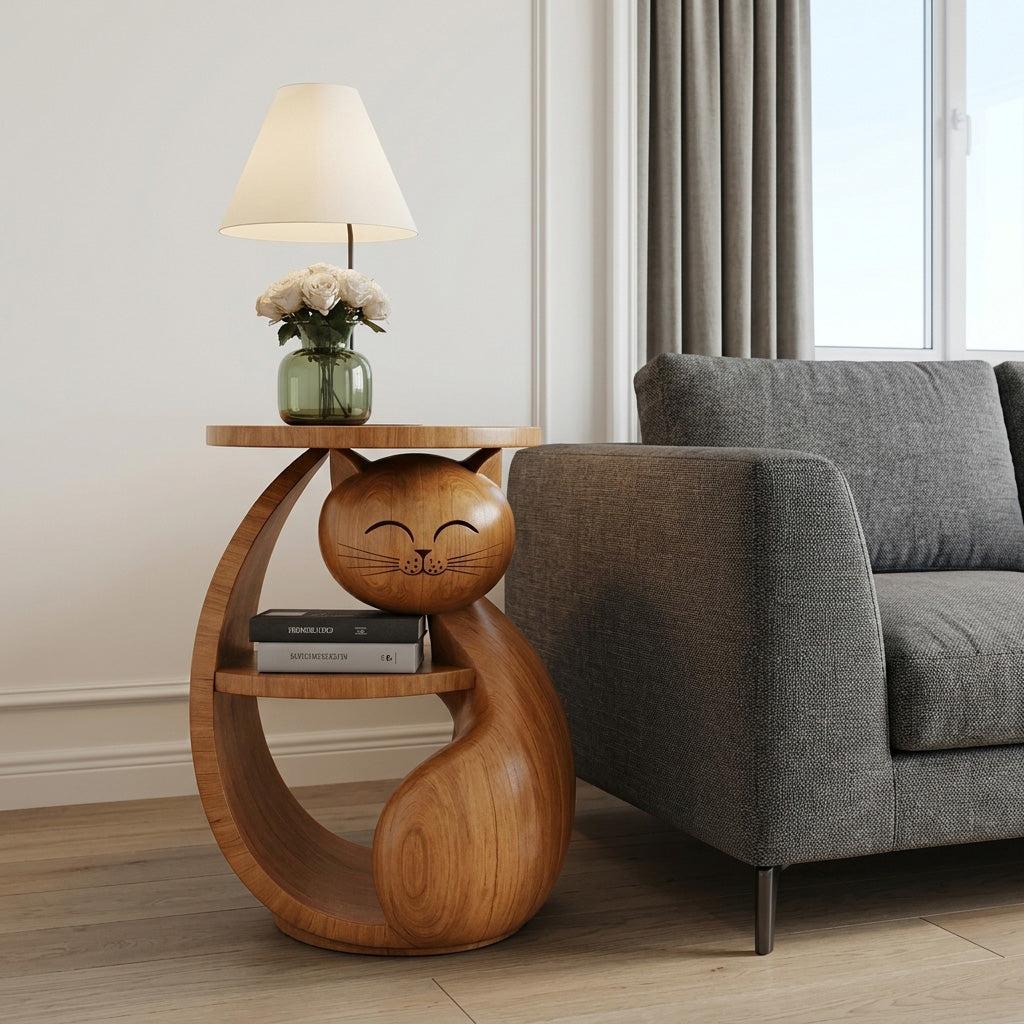 Whimsical Cat Shaped Wooden Side Table With Shelf For Bedroom Or Kids Room