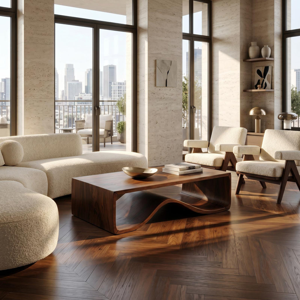 Wave Sculptural Wood Coffee Table, Modern Solid Wood Center Table for Library Lounge and Contemporary Living Room
