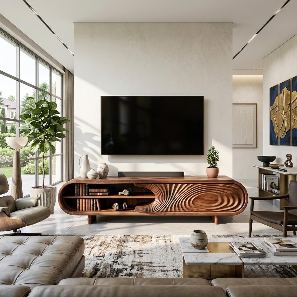 Modern Sculptural Wood TV Stand With Curved Grain Pattern For Living Room