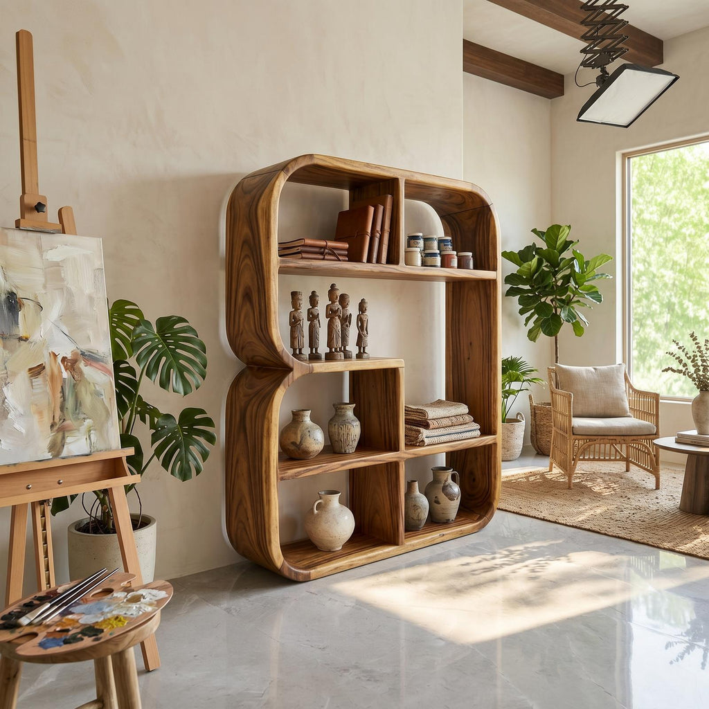 Modern Curved Wooden Bookshelf In Coastal Style