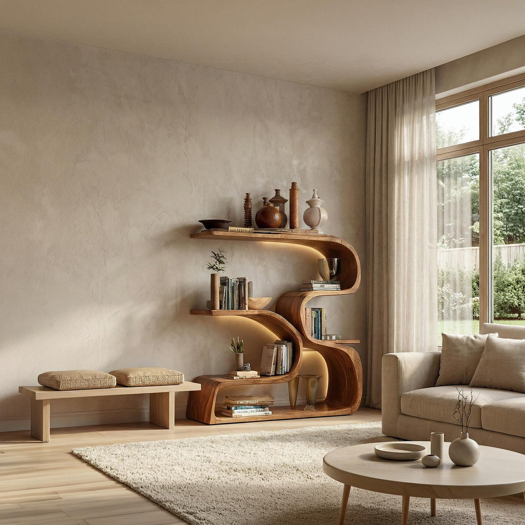 Rustic Artistic Solid Wood Bookshelf, Unique Floating Wall Book Display Shelf for Living Room Wall Decor