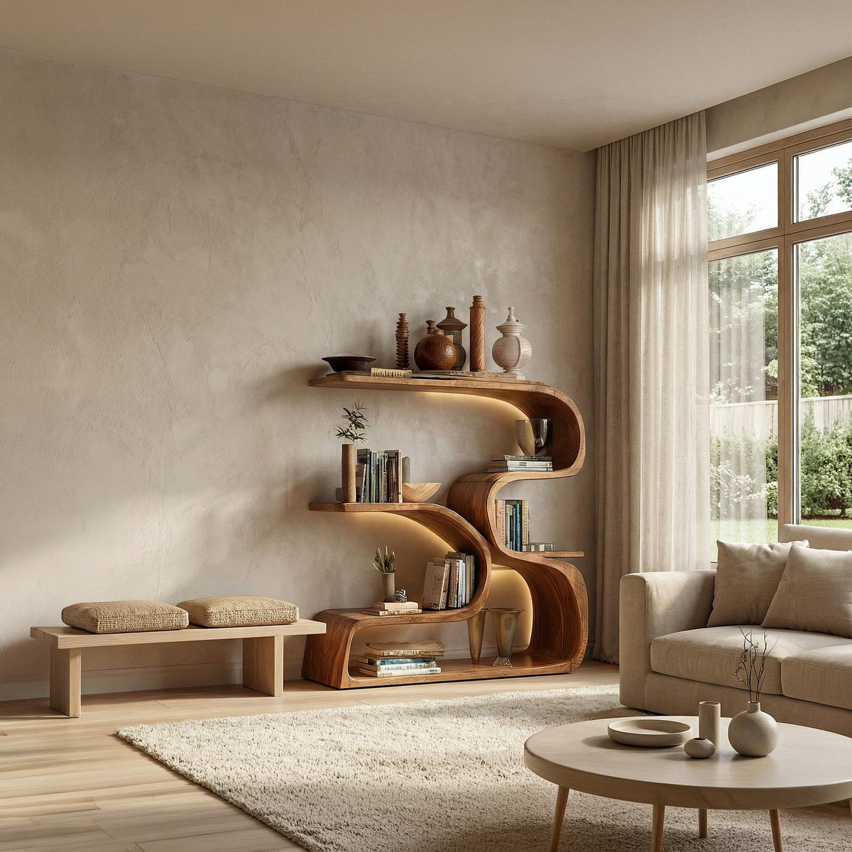 Rustic Artistic Solid Wood Bookshelf, Unique Floating Wall Book Display Shelf for Living Room Wall Decor