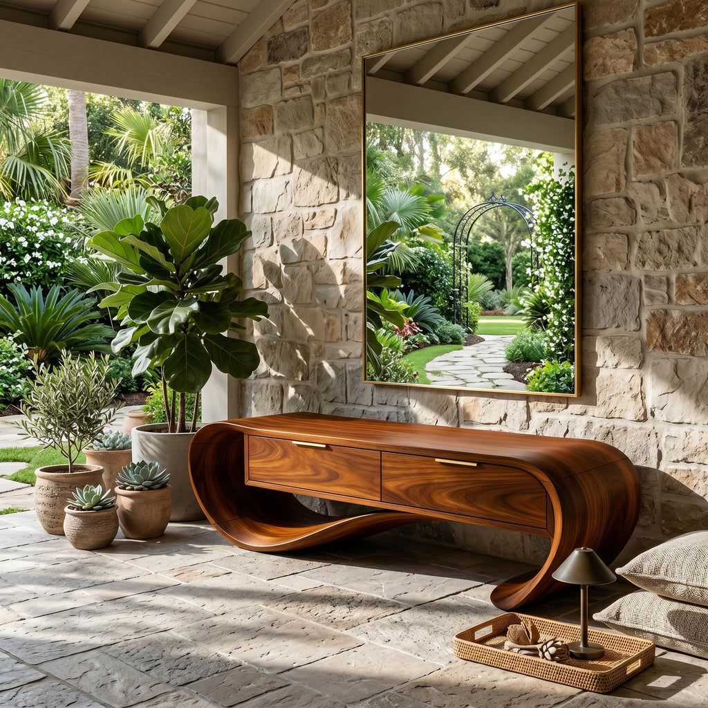 Contemporary Curved Wood Bench with Drawer Storage, Entryway Organizer Bench & Foyer Accent Bench Seating