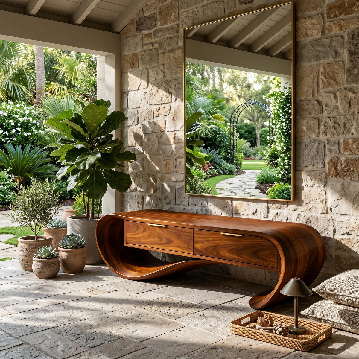 Contemporary Curved Wood Bench with Drawer Storage, Entryway Organizer Bench & Foyer Accent Bench Seating
