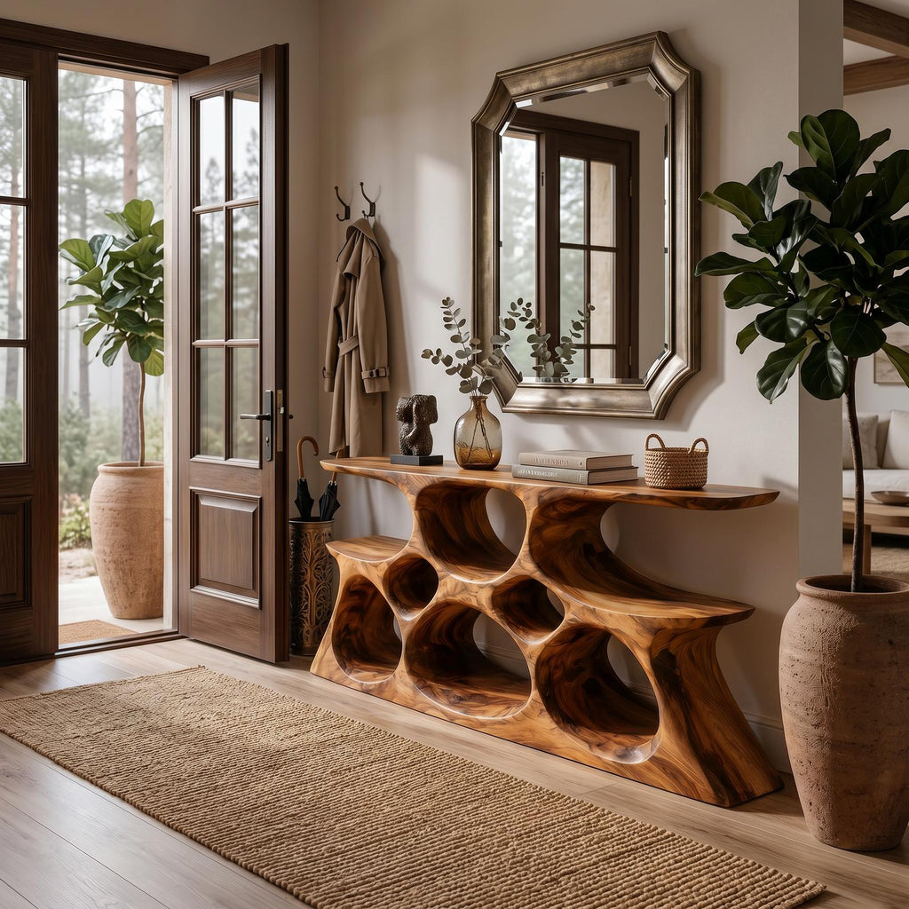 Elegant Wooden Console Table With Sculptural Shelves For Home Decor