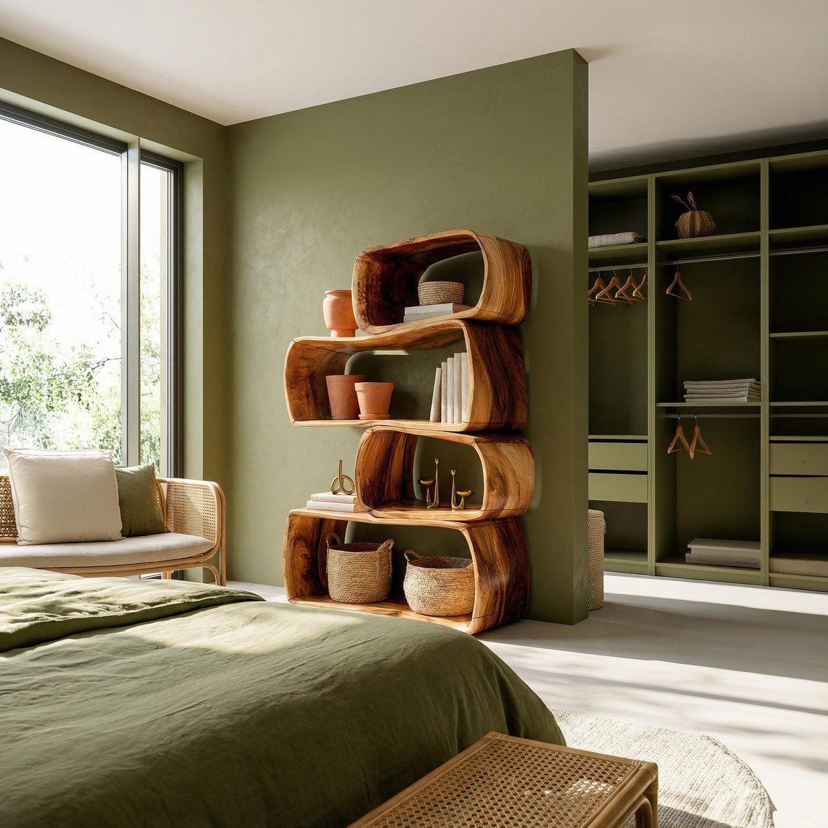 Rustic Farmhouse Abstract Bookshelf, Geometric Wooden Bookcase Cabinet for Apartment & Living Room
