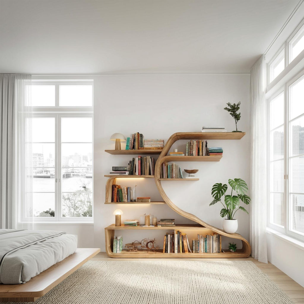 Rustic Sculptural Wood Wall Bookshelf, Floating Tree-Shape Book Display Shelf for Bedroom & Living Room