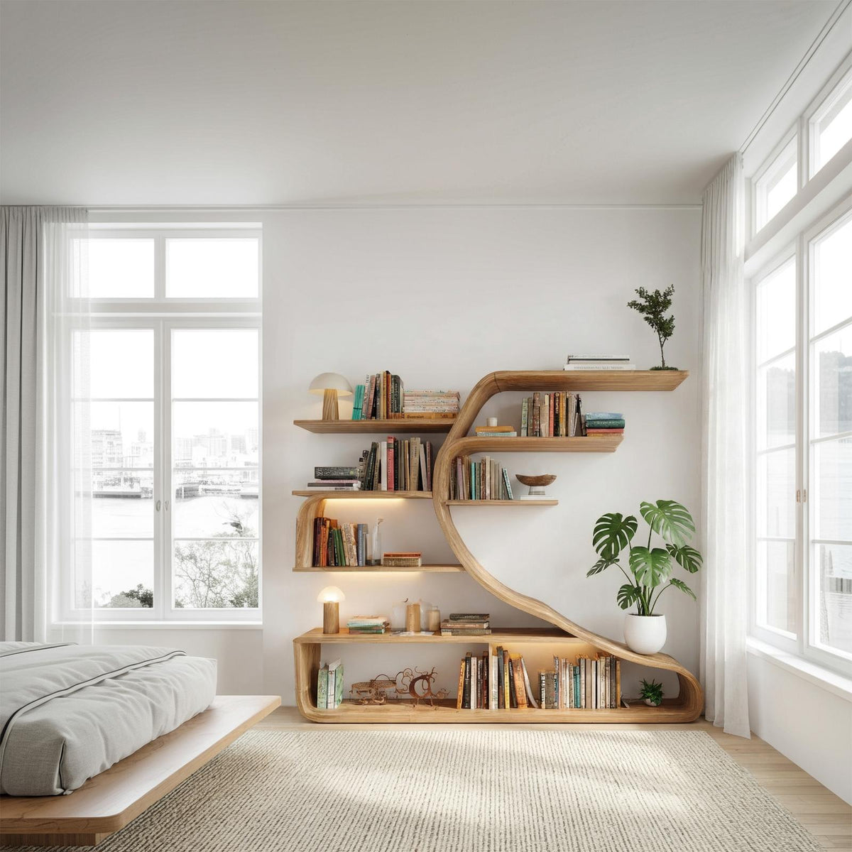 Rustic Sculptural Wood Wall Bookshelf, Floating Tree-Shape Book Display Shelf for Bedroom & Living Room