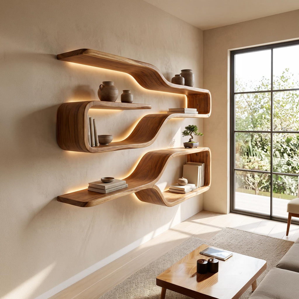 Mid Century Live Edge Wood Shelves for Dining Room