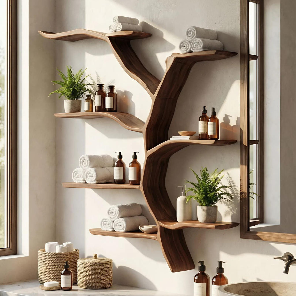 Mid Century Wooden Wall Shelf, Handcrafted Solid Wood Floating Storage Rack, Modern Wall Display Ledge Bookshelf for Living Room