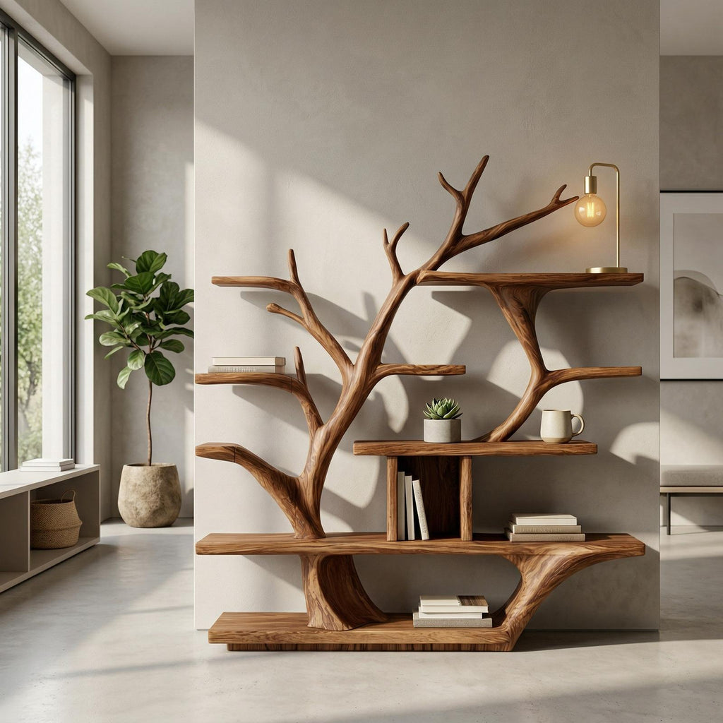Modern Organic Tree Bookshelf, Solid Wood Branch Design Bookcase & Display Shelf for Living Room Decor