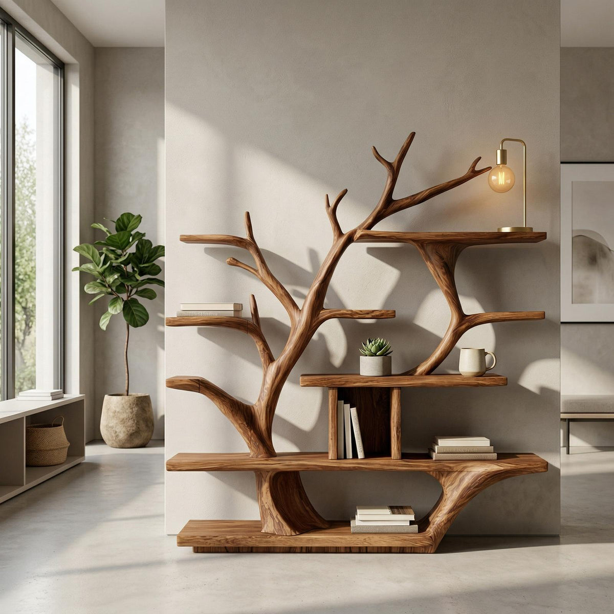Modern Organic Tree Bookshelf, Solid Wood Branch Design Bookcase & Display Shelf for Living Room Decor