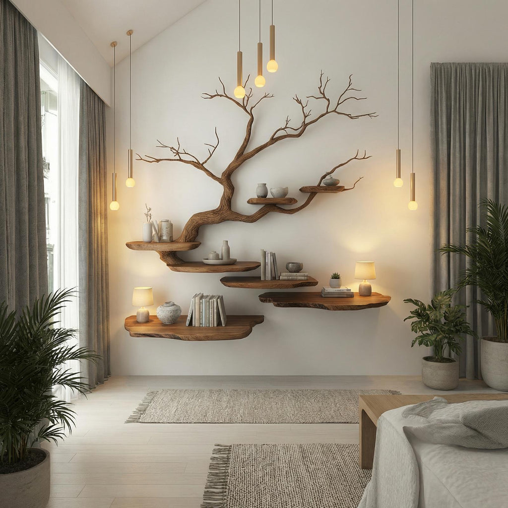 Rustic Tree Branch Wall Mounted Bookshelf For Living Room And Bedroom Space