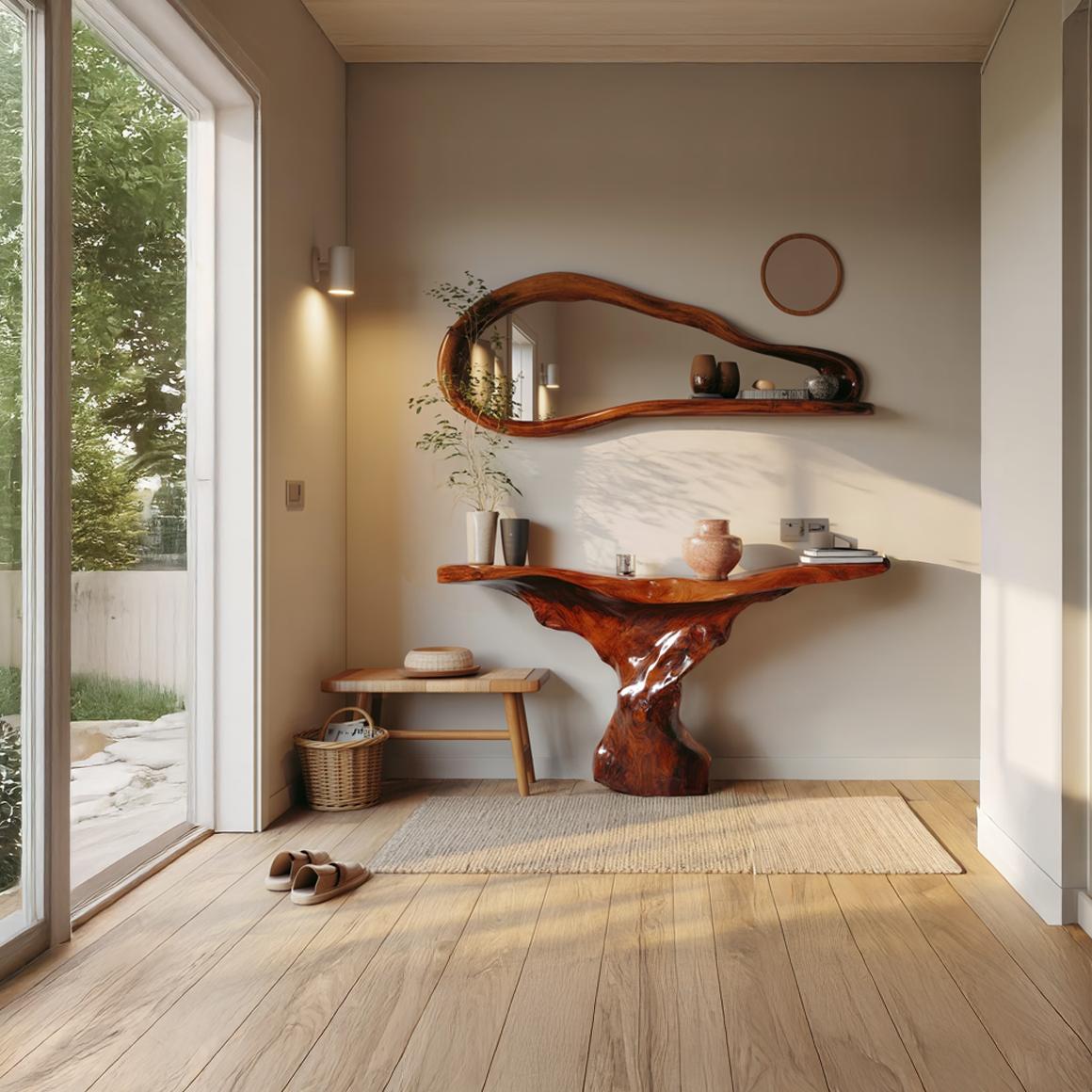 Mid Century Modern Console Table, Sculptural Wood Base, Artistic Statement Piece for Foyer & Living Room
