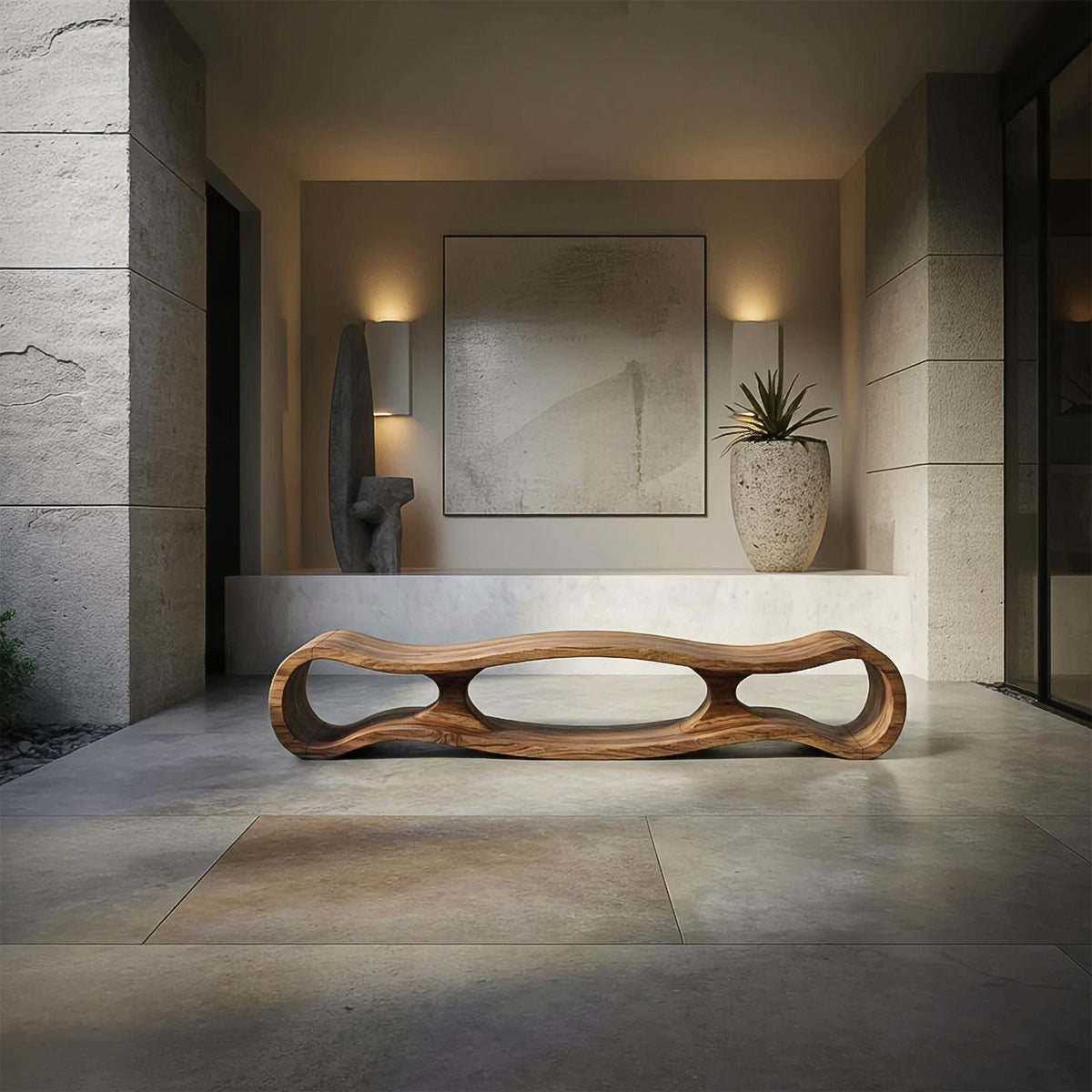 Spry Interior Rustic Sculptural Solid Wood Bench, Art-Inspired Entryway Seating & Living Room Accent Bench, SINLSARS072