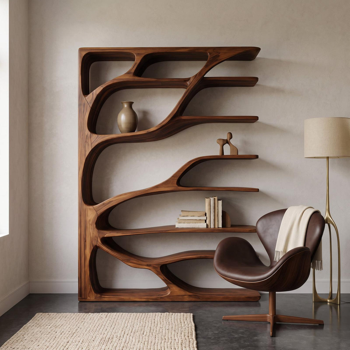 Modern Statement Bookshelf, Handcrafted Wood Bookcase & Sculptural Display Shelving Unit for Living Room Decor