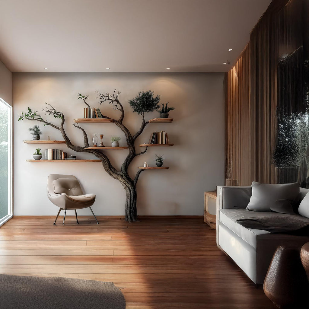 Rustic Tree Bookshelf, Solid Wood Wall Mounted Bookcase & Decorative Floating Hanging Shelf Organizer for Living Room Wall