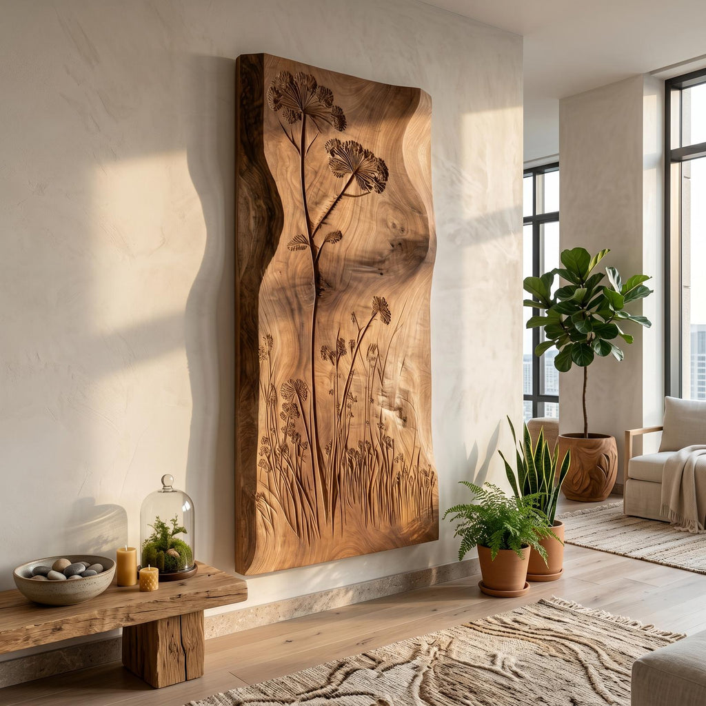 Botanical Wall Panel with Wildflower Relief, Handcarved Wooden Floral Wall Art Decor