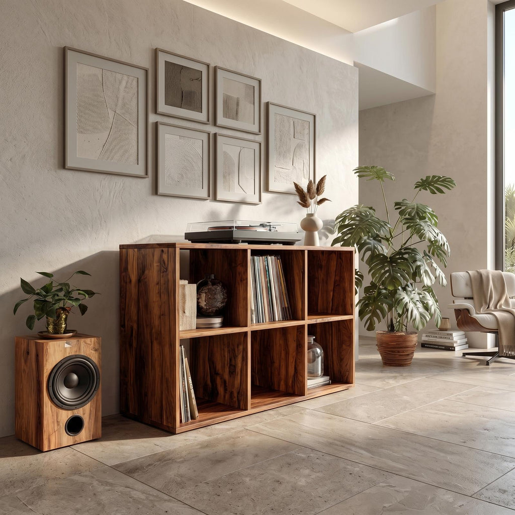 Mid-Century Wood Vinyl Record Storage Cabinet, Handcrafted Retro Turntable Stand with Album Divider Shelf, Model