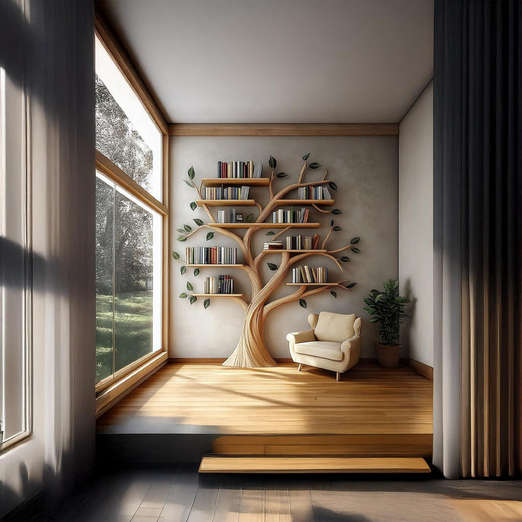 Rustic Tree Bookshelf Living Room Reading Corner