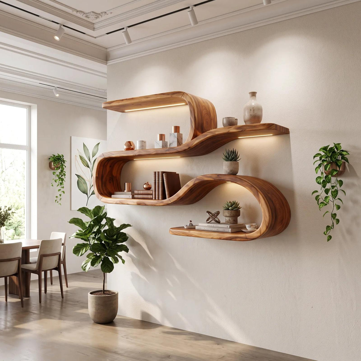 Mid Century Curved Wood Shelves for Coffee Bar
