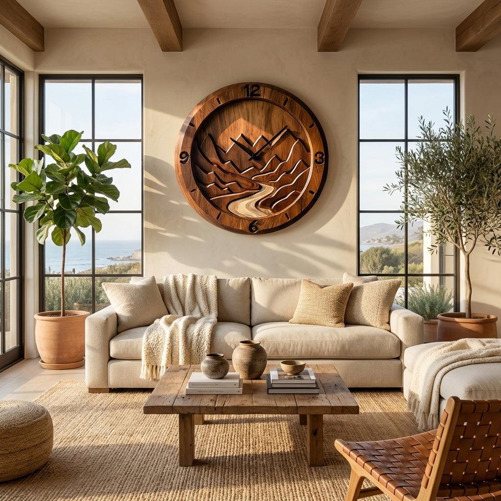 Rustic Wood Wall Clock, Mountain Landscape 3D Hand-Carved Nature Scene Wooden Clock for Living Room Wall Decor