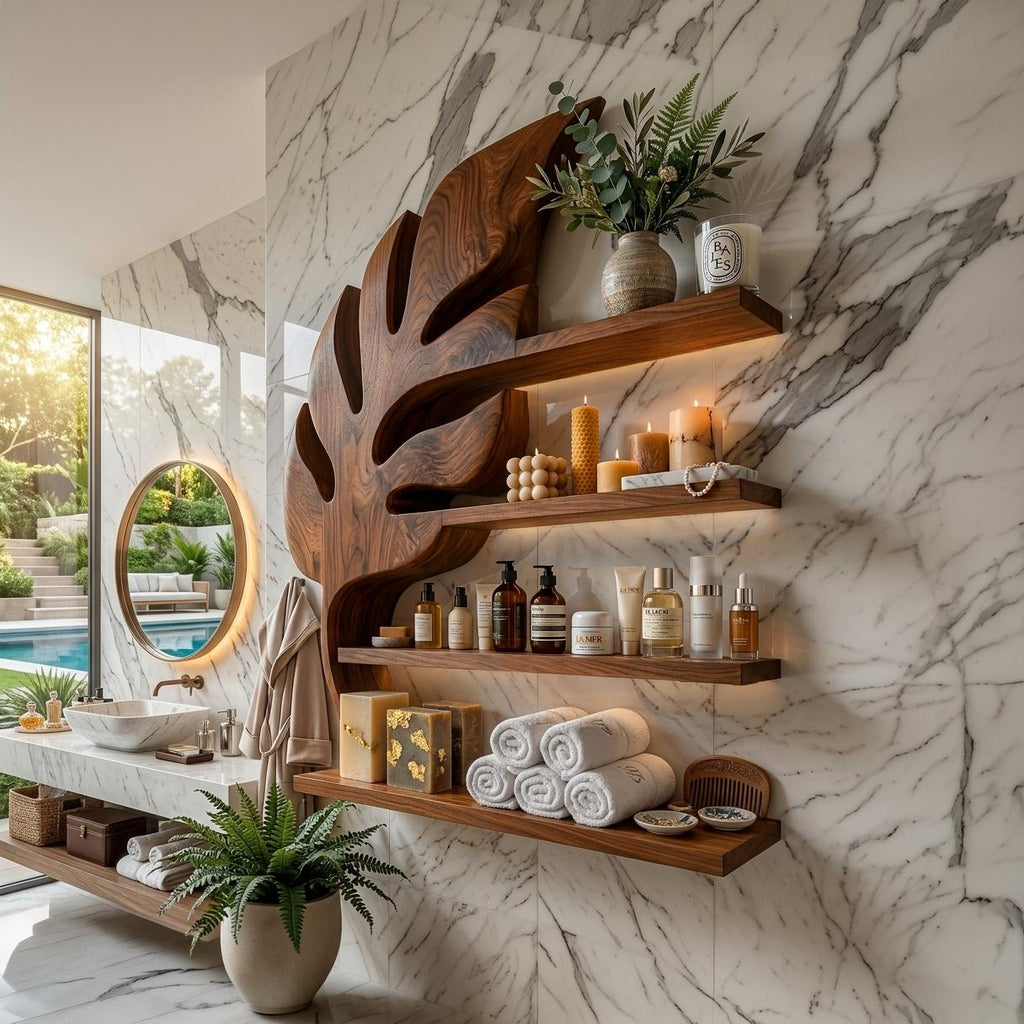 Modern Wooden Leaf Bathroom Shelf For Bathroom Interior
