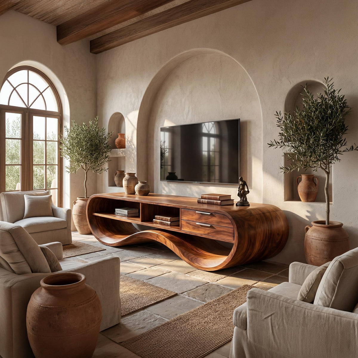 Modern Streamline Wood TV Cabinet, minimalist Media Console Credenza & Entertainment Center for Living Room