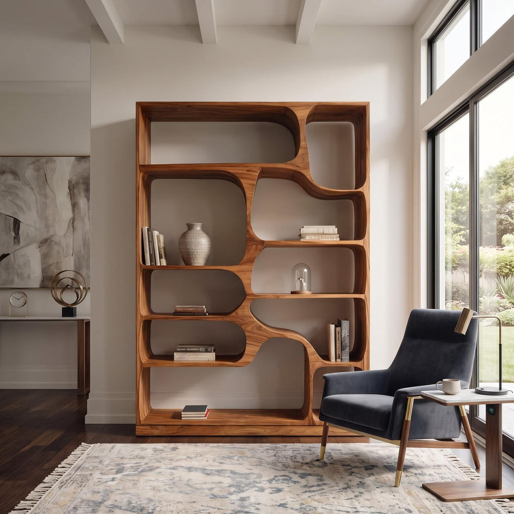 Artistic Wood Bookcase, Handcrafted Sculptural Bookshelf with Open Shelving for Living Room, Bedroom & Office
