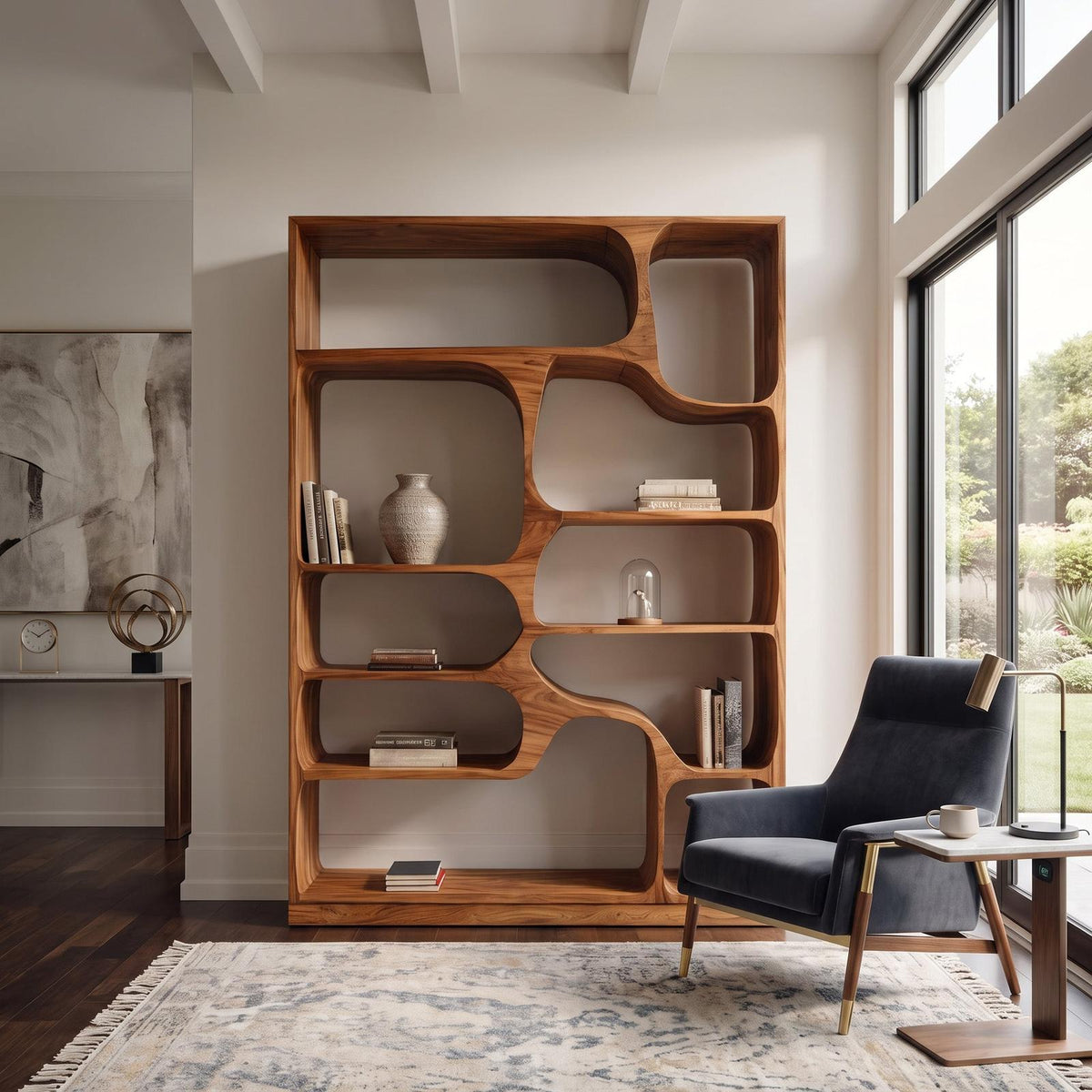 Artistic Wood Bookcase, Handcrafted Sculptural Bookshelf with Open Shelving for Living Room, Bedroom & Office