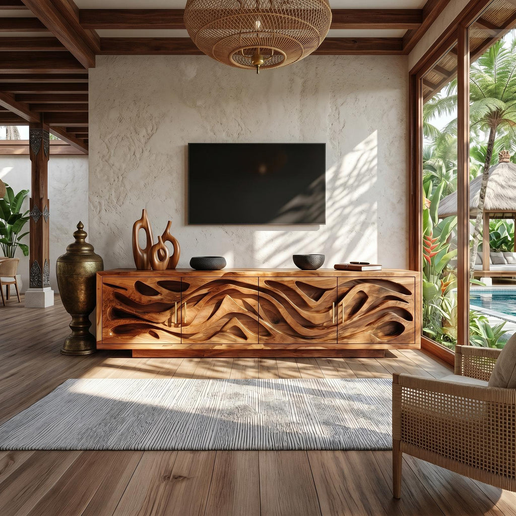 Mediterranean Coastal Wood TV Stand, Santorini Style White Wash Wooden Media Console Table for Bedroom Living Room