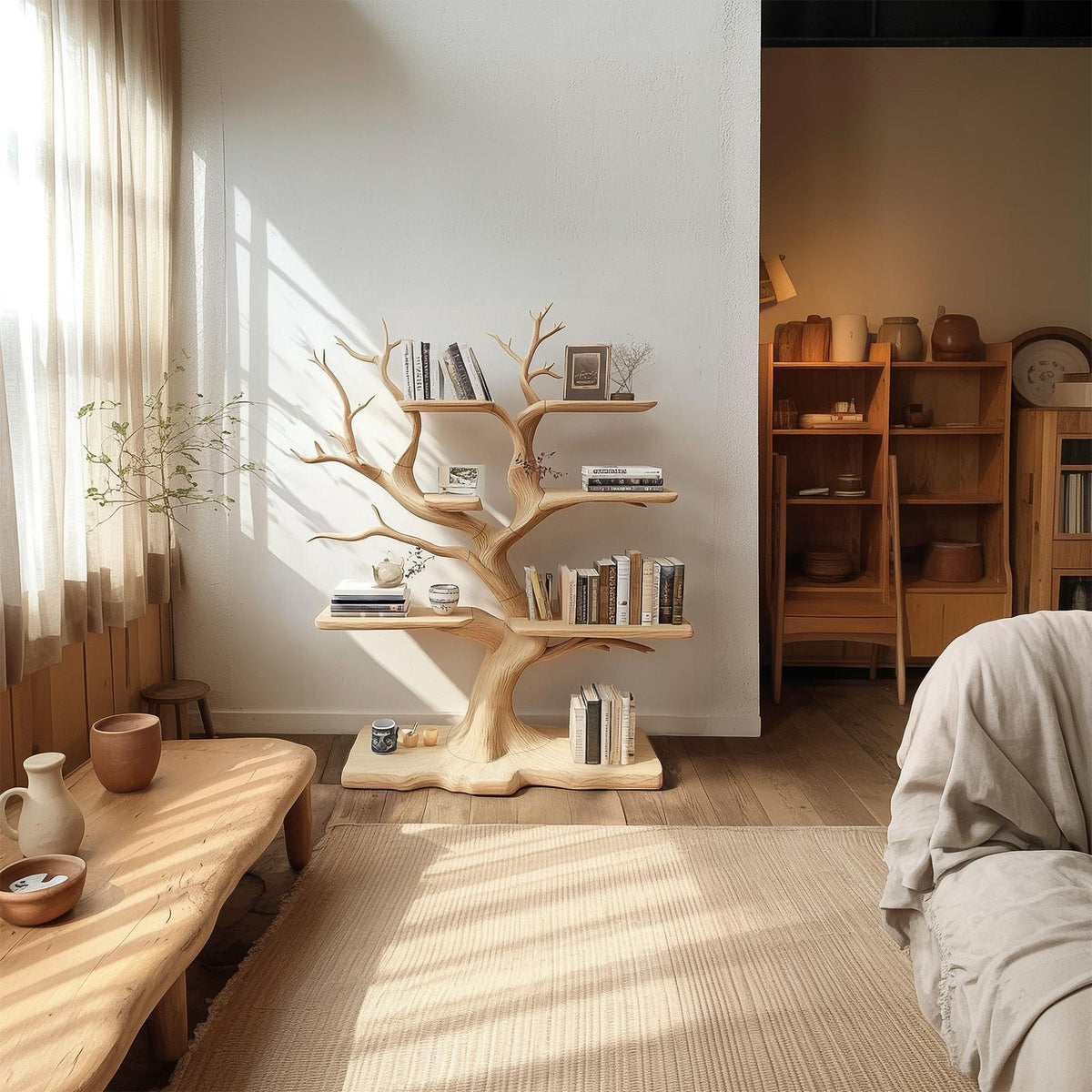 Rustic Organic Standing Tree Shelf, Free Standing Solid Wood Branch Bookshelf & Artistic Display for Bedroom, Living Room